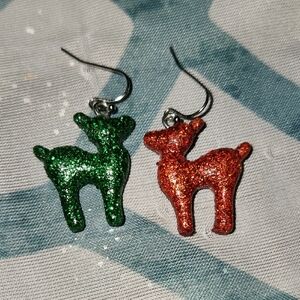 Glittery Green and Red Reindeer Earrings